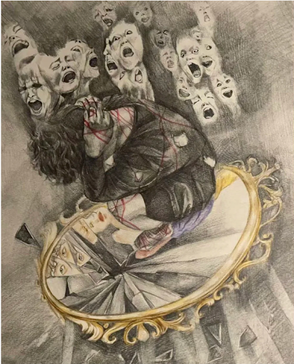 Xiaoxian Gao's 2025 artwork showing a curled figure surrounded by faces and a broken mirror.