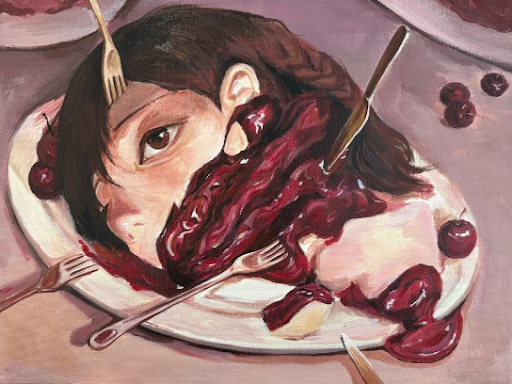 Xiaoxian Gao's 2025 artwork showing a girl's head on a plate in warm pink and red tones.